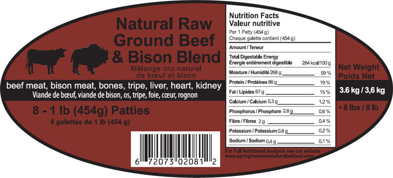Spring Meadows - Beef & Bison Blend No Veg - 8lbs (1lb x 8)