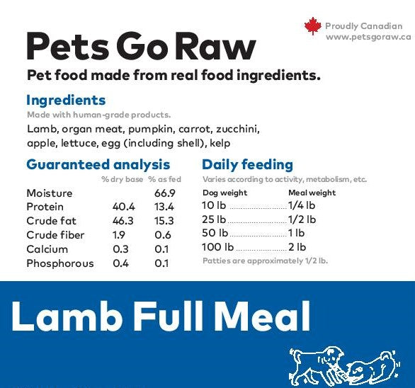 Pets Go Raw - Lamb Full Meal - 1/4lb Portions - 2lbs